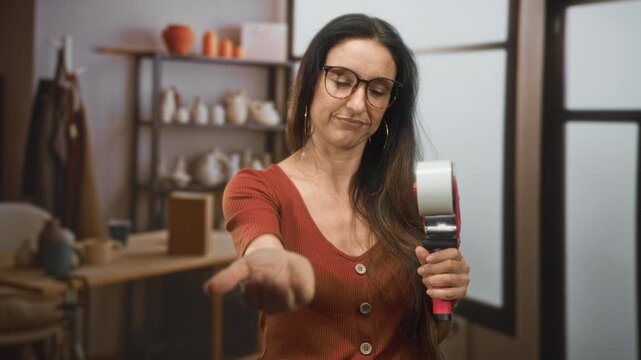 Woman in a rust blouse extends palm up in a beckoning gesture while holding a packing tape dispenser in a pottery studio; frustration.