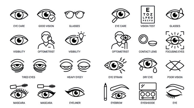A detailed illustration of various eye care related icons and symbols are shown.