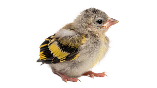 Cute small fluffy common linnet bird chick portrait isolated on transparent background