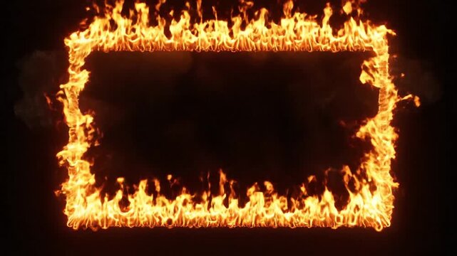 Rectangular Fire Frame Burning on Black Background for Video Overlay