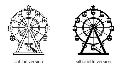 Ferris Wheel Duo: A striking comparison of a Ferris wheel presented in both an outline and a silhouette version, showcasing its iconic structure and appeal. © Hasib