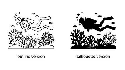 Scuba Diving Adventure: A diver explores an underwater world filled with coral reefs and small fish. Two distinct styles are presented: a clear outline and a striking silhouette. © Sara