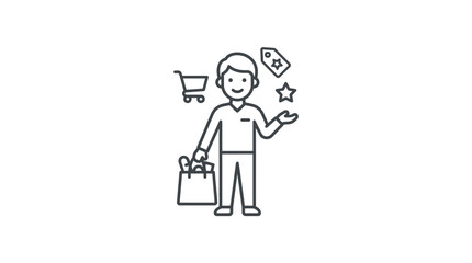 Naklejka premium Minimalist Black and White of Shopper with Shopping Bag Discount Tag Star and Shopping Cart with high quality professional line art symbols for modern creative design and digital branding projects