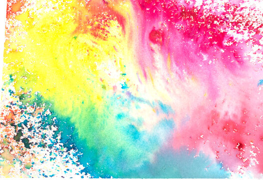 A vibrant and colourful watercolour abstract painting on canvas painted with wild and free brush strokes