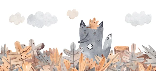 Cute puppy in fallen leaves. Watercolor illustration. Autumn background. © bukhavets