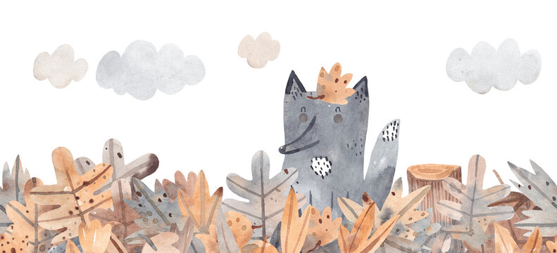 Cute puppy in fallen leaves. Watercolor illustration. Autumn background.