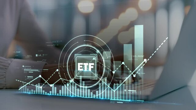 Businesswoman analyzing ETF investment performance with rising stock chart, portfolio growth, digital finance dashboard, wealth management strategy and long-term passive investing