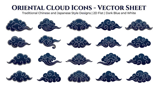 Oriental Cloud Icons Vector Sheet: Traditional Chinese Japanese Designs, Dark Blue and White