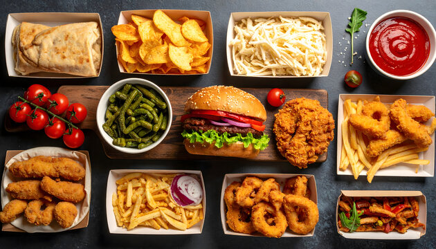 Fast food flat lay with burgers fries and snacks colorful indulgent meal top view composition style