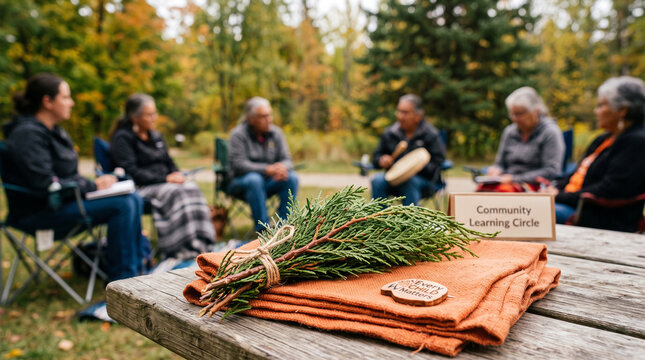 Dried Thuja occidentalis cedar branch tied with hemp rope on a folded orange fabric on a wooden table with a blurred background of people sitting in a circle.