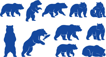 Fototapeta premium Blue grizzly bear silhouettes set showing various wild animal poses on transparent background