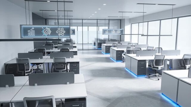 Moving camera dolly toward open-plan office desks at aisle, revealing UI panels to show depth