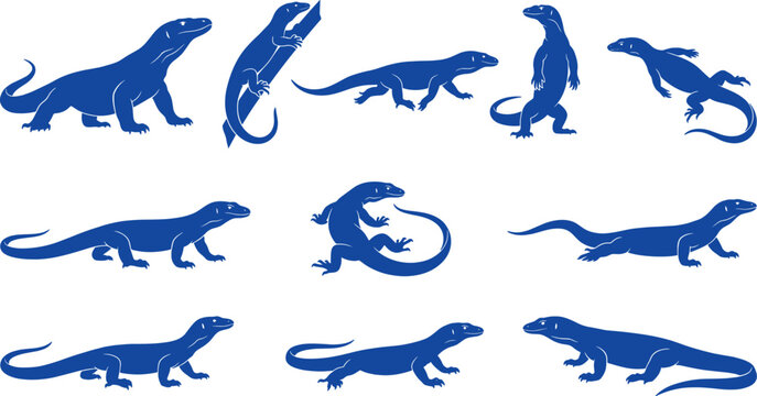 Blue komodo dragon silhouette pack featuring large monitor lizards walking on land