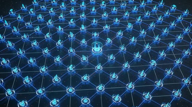 Standing suited man on center pod, camera zooming out revealing node grid showing scale, icons