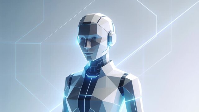 Node glow starting android tilting head and extending right hand, interacting with cyan-lit network