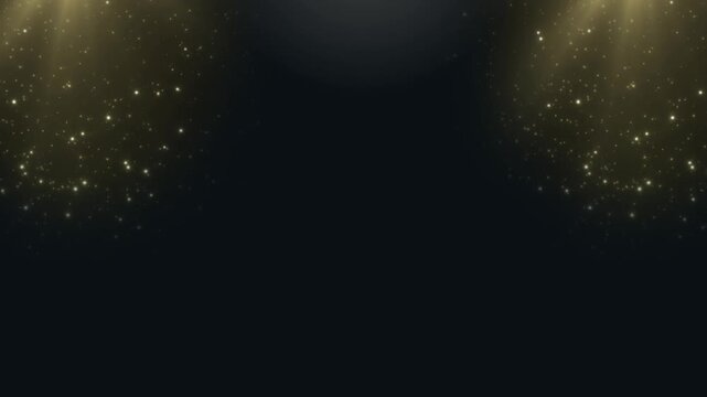 Light rays descend from the top corners of this dark frame with shimmering particles scattered throughout.