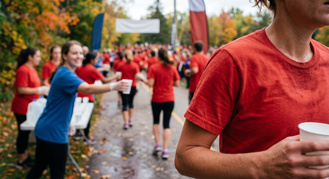 A volunteer in a blue t-shirt hands out mineral water in plastic cups to marathon runners in red t-shirts during autumn