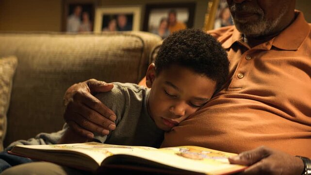 Placing open book on lap, man in polo reading, soothing child drifting on living room couch
