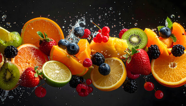 Fresh fruit falling in motion with vibrant colors dynamic splash healthy food concept and natural energy