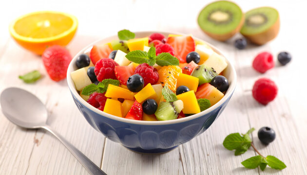 Colorful fruit salad bowl with fresh tropical fruits healthy refreshing snack and vibrant nutrition
