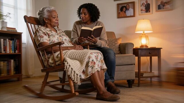 Reading woman after opening book, turning pages at home, soothing senior in floral dress in rocker