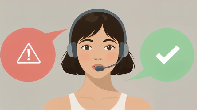 Starting agent speaking, showing red-alert and green-check on beige wall, headset white-sleeveless