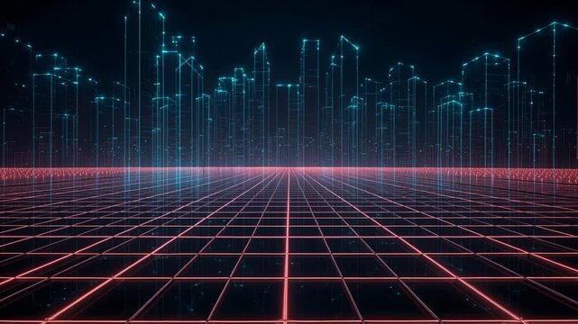 Pulsing pink grid and cyan skyline shifting to horizon drifting particles making glossy reflections