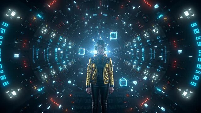 Pulling back camera revealing woman monitoring in VR tunnel with cubes, yellow hoodie, headset