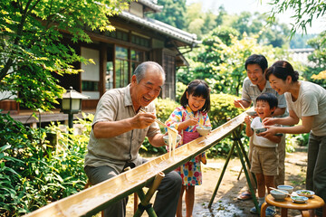 Obraz premium 日本の夏の一コマを捉えた写真。どこか懐かしさを感じさせる、「令和の時代、三世代が集う帰省の物語」です。お盆の帰省中、昔ながらの家屋で楽しそうに過ごす日本の子供と祖父母の笑顔。三世代の家族で流しそうめんを食べている様子。ノスタルジックで情緒あふれる雰囲。