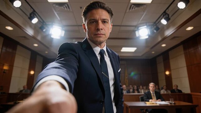 Placing large brown envelope, navy-suit lawyer pushing it across counsel table in court for record