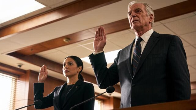 Raising right hands after oath, pair at court lectern in dark suits with two gooseneck microphones