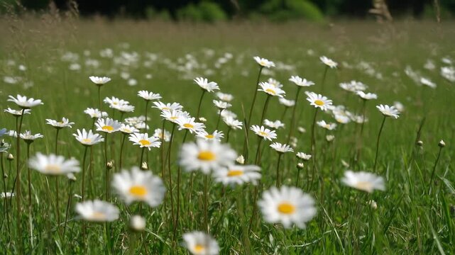 Swaying white daisy cluster shifting stems and petals in grassy meadow, breeze rocking seedhead