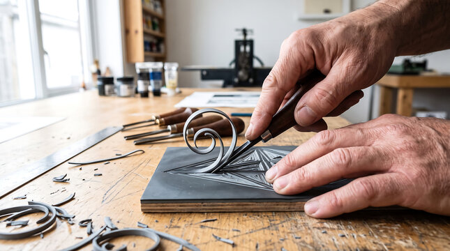 Close up of artist hands carving dynamic spiral pattern into linocut printing block with sharp gouge tool on wooden workshop table in bright art studio setting