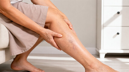 Plakat woman touching leg with varicose veins. Senior person experiencing calf pain and swelling in lower limb. Concept of venous insufficiency, phlebology and vascular health diagnostics