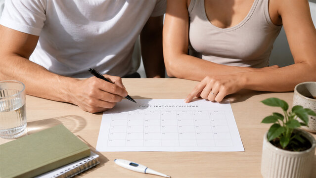 woman and man tracking fertility cycle with calendar. Couple planning conception and fertility treatment. Healthcare, reproductive health and pregnancy preparation at home wellness concept