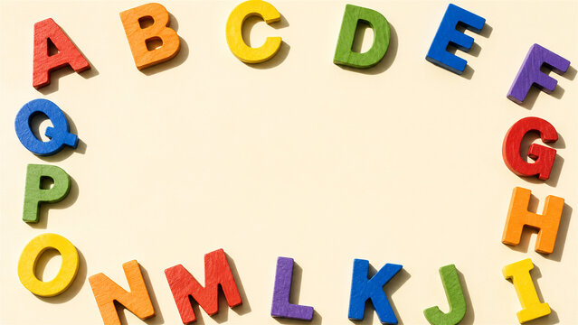 colorful wooden letters of the alphabet arranged in a circle. Educational background for preschool study and learning. Kindergarten material for schoolchildren to practice reading and spelling