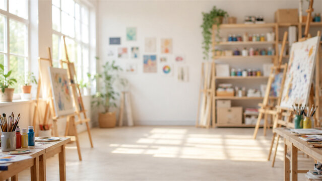 bright art studio with easels and painting supplies. Blurred interior of a modern workshop for creativity. Artistic space for creative hobby, painting lesson or design activity