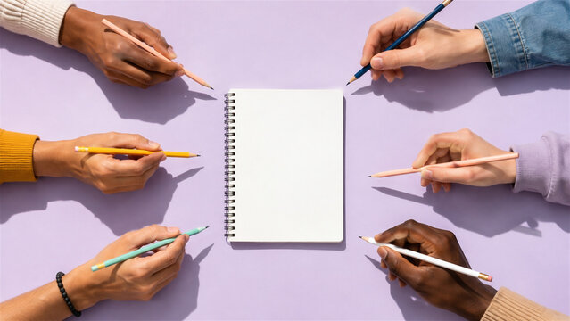 diverse group of people holding pencils around a blank notebook. Team brainstorming and creative collaboration concept. Flat lay top view of workspace for student and designer project