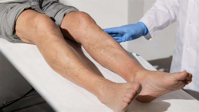 phlebologist examines woman with varicose vein on leg. Doctor performs medical checkup of venous system on patient limb. Diagnostic procedure for vascular health and disease treatment