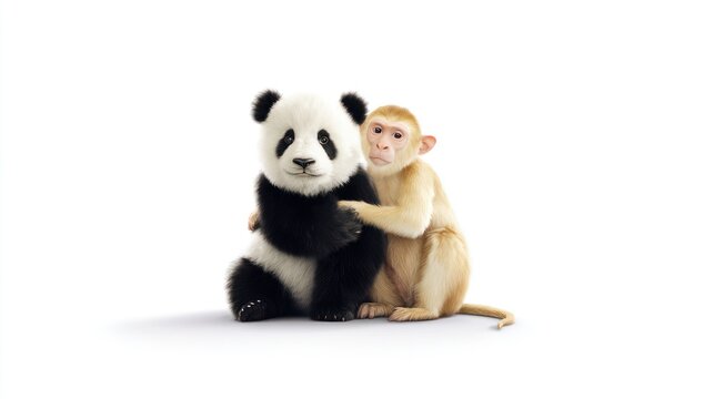 Panda and monkey embracing on white background representing friendship