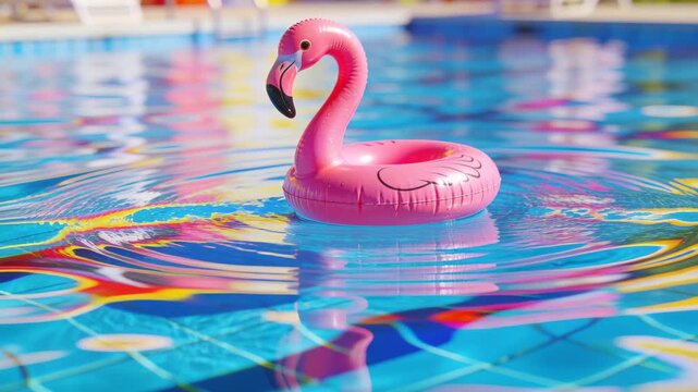 Ripples starting beneath pink flamingo float making it bob and rotate in pool shifting reflections