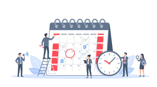 Large corporate calendar with small business people meticulously managing deadlines and appointments, concept for efficient time management, project planning, and task organization for business