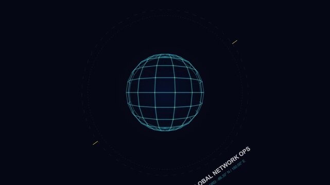 Digital wireframe globe rotating with global network data interface