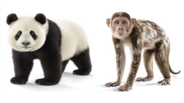 Panda and monkey standing side by side on white background studio shot