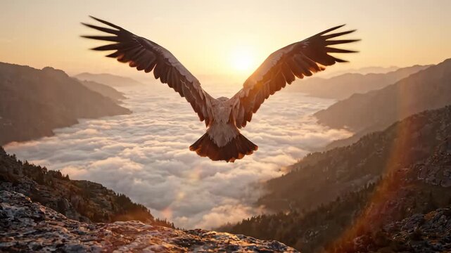 Majestic Vulture Perched on Mountain Peak Overlooking Sea of Clouds at Sunset, Perfect for Wildlife Documentaries.