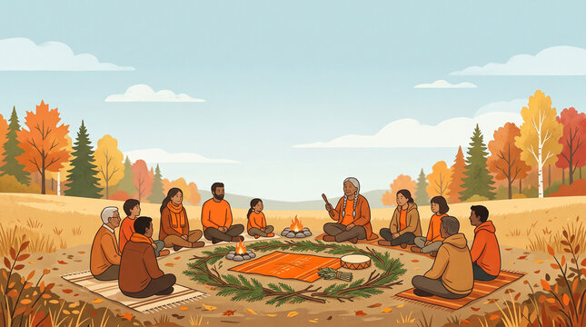 Flat illustration of a group of people in orange shirts sitting in a circle outdoors listening to an indigenous female elder telling stories near campfire.