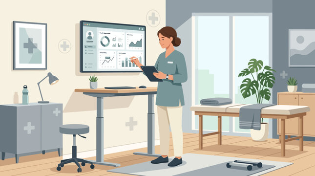 Healthcare professional analyzing patient data on digital screen in clinic
