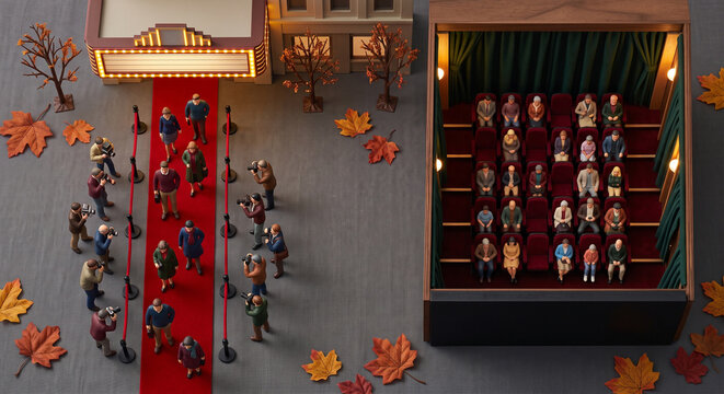 Miniature diorama showing a crowd on a cinema red carpet with photographers and audience sitting inside the theater watching a show with autumn leaf decorations.
