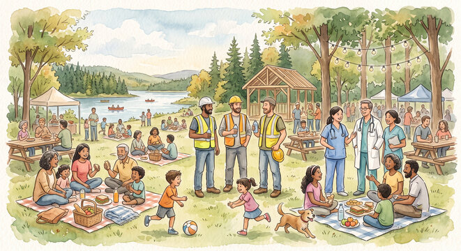 Watercolor painting showing a large community picnic in a lakeside park attended by construction workers, medical staff, children, and the elderly.