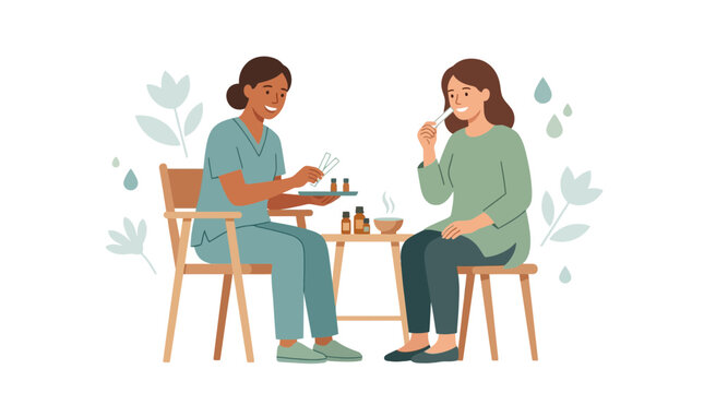 Nurse and patient interact during aromatherapy session with essential oils, promoting wellness and care.